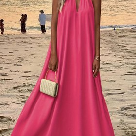 Resim Şık Büyük Beden Kadın Plaj Elbisesi - Kolsuz, Düz Renk, Uzun Tatil Sundress, Halter Boyun ve Bağcıklı Detaylı, Yaz Tatili ve Günlük Giyim için Mükemmel, Plaj Elbisesi 