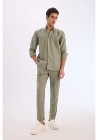 Resim Defacto %100 Keten Regular Fit Polo Yaka Yazlık Basic Düz Uzun Kollu Gömlek C1825ax25smkh433 Haki 