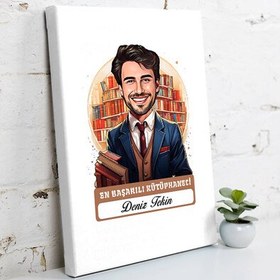 Resim Karikatürlü En İyi Erkek Kütüphaneci Kanvas Tablo 