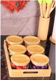 Resim Duo 300ml 6'lı Tepsili Bambu Kapaklı Cam Kahvaltılık Ahşap - Şeffaf 