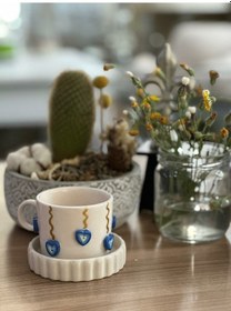 Resim Altın Yaldız Çizgili Kalpli Nazar Fincan Mug 