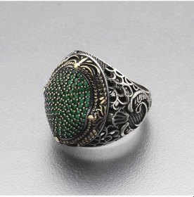 Resim Gümüş Yeşil Zirkon Taşlı Oval Erkek Yüzük (546176868) 