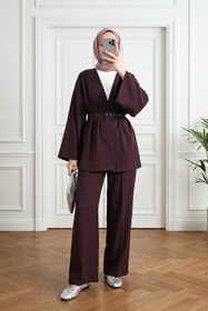 Resim MODAQU Kemerli Kimono Pantolon İkili Takım - Mürdüm 