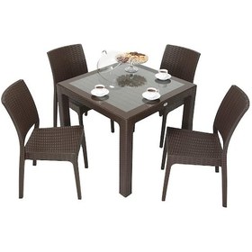 Resim Depootoptan Mandella Elit Rattan 90 x 90 CM Elit Sandalye Camlı Masa Takımı Kahver Kahverengi 