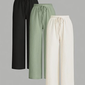 Resim Şık Kadın Pantolon Takımı - Düz Renk ve Çizgili, Bağcıklı Bel, Geniş Bacak Tasarımı, Hafif Polyester Karışımı için İlkbahar/Yaz - Siyah, Beyaz, Bej Kombinasyonu 
