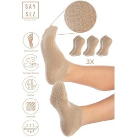 Resim Saysez Bambu Kadın Kaydırmaz Taban Bej Vizon Silikon Pilates Yoga Fitness Dans Aktivite Patik Çorabı 3'lü Renkli 