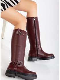 Resim 02-312 Bordo Toka Aksesuarlı Fermuarlı Günlük Kadın Çizme Çok Renkli 