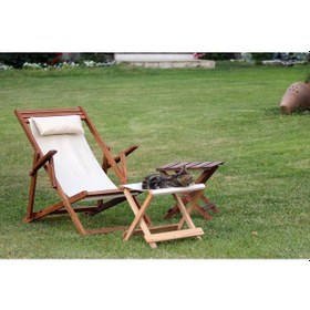 Resim Su Geçirmez Minder+Tabureli Katlanır 2li Ceviz Ahşap Şezlong Seti 