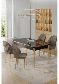 Resim Canisa Rada Serisi 80x132 Açılabilir Lak Panel Siyah Mermer Desen Masa 4 Cappucino Sandalye Gold Detay Masa Siyah Mermer Desen Sandalyeler Cappucino 