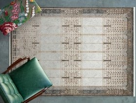 Resim Gri Geometrik Modern Geometrik Etnik Eskitme Desenli Boho Makinada Yıkanabilir Hafif Hav Toz Vermez Leke Tutmaz Kaymaz Taban Dijital Makine Baskı Halı Oturma Odası Salon Yolluk Koridor Mutfak Halısı 
