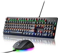 Resim JIDOHUN KM-111 Mekanik Klavye ve Fare, Kablolu Oyun Klavyesi Mavi Anahtar 104 Tuşlu Gökkuşağı Arkadan Aydınlatmalı Klavye ve 7 Düğmeli Kablolu Fare PC Bilgisayar Oyuncuları için 4800 DPI 