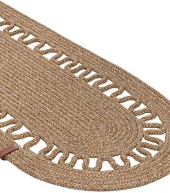 Resim El Örgüsü Jüt Runner Oval Şerit Desenli Masa Sehpa Unite Üstü Dekoratif Örtü (30 X 70 CM) - BEJ-HASIR 