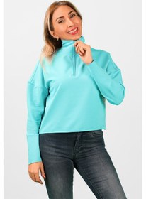 Resim Kadın 2 iplik Yarım Balıkçı Düşük Kol Sweatshirt Turkuaz 