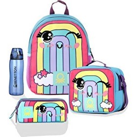 Resim United Colors of Benetton Gökkuşağı Anaokulu Çanta Seti (Çanta - Beslenme - Kalemlik - Mavi Matara) 