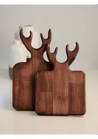 Resim Ceviz Renk İkili Geyikli Sunum Tahtası Kesme Tahtası Kahve Sunum 