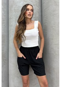 Resim Lesa Wear Yüksel Bel Bol Kesim Keten Görünümlü Çift Cepli Şort Siyah 