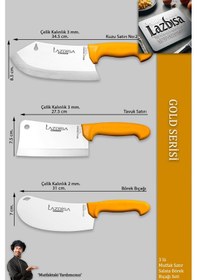 Resim Lazbisa Mft-002 Gold Serisi Pide Börek Mutfak Bıçağı Salata Pizza Bıçak Kıyma Et Satırı Doğrama 3 Lü Set Sarı 