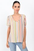 Resim Cotton Mood 9363011 Krinkle Çizgili V Yaka Kol Ağzı Gipeli Kısa Kol Bluz Renkli Çizgili 