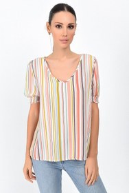 Resim Cotton Mood 9363011 Krinkle Çizgili V Yaka Kol Ağzı Gipeli Kısa Kol Bluz Renkli Çizgili 