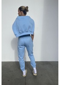Resim Eşofman Takımı Sweatshirt - Bebe Mavisi Baskılı Oversize Şardonlu Kapüşonlu Bebe Mavisi 