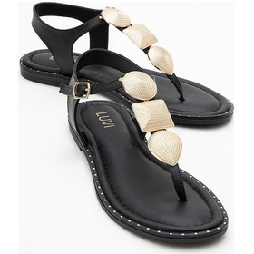 Resim Helen Siyah Hakiki Deri Parmak Arası Gold Tokalı Kadın Sandalet Siyah 