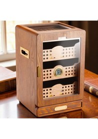 Resim Elektronik Nemlendiricili Camlı 4 Çekmeceli Puro Kutusu Humidor Ceviz 