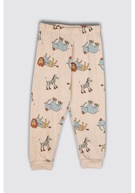 Resim Zuzunga Sevimli Animal Aslan-zebra-fil Desenli %100 Pamuk Interlok Çocuk Pijama Takımı Bej 