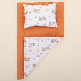 Resim Alt Açma Matı ve Yastık - Çift Taraflı - Turuncu Petek - Kahverengi Tavşan 