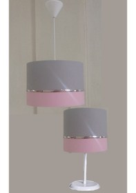 Resim 750 Gri Pembe 2.li Set Yatak Odası Genç Çocuk Odası Avize Abajur 