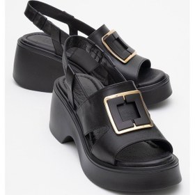Resim Luvishoes Lucıa Siyah Tokalı Hakiki Deri Kadın Dolgu Topuklu Sandalet Siyah 