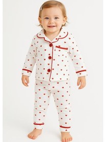 Resim Kız Bebek Kalpli Pamuklu Pijama Takımı Uzun Kollu, 2 Li Set 08376 Kırmızı 