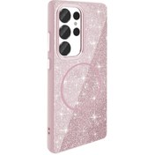 Resim Mobilzone Galaxy S25 Ultra Kılıf Magsafe Şarj Özellikli Parlayan Simli Zore Okso Kapak - Pembe 