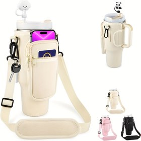 Resim 1 adet 40 oz Tumbler için Telefon Cepi ile Su Şişesi Taşıyıcı Çantası, Ayarlanabilir Askılı Anti Yanık Neopren Su Şişesi Tutucu, Yürüyüş, Yürüyüş, Seyahat, Kamp, Balıkçılık için Uygun 