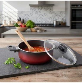 Resim Safir 22 Cm Derin Tencere Kırmızı Siyah Yanmaz Yapışmaz Cam Kapaklı Çorba Ve Yemek Tenceresi 