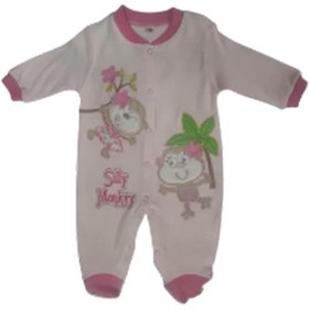 Resim Kız Bebek Tulum Pamuklu Önü Maymunlu Tulum Pembe 