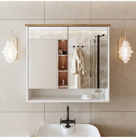 Resim Banos Banyo Kulpsuz 2 Kapaklı Mat Beyaz Mdf 82Cm Aynalı Üst Dlp Atlantik Çam - Beyaz 
