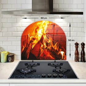 Resim Decorita Cam Ocak Arkası Koruyucu | Oval Şekilli | Odun Ateşi | 52CM x 60CM 