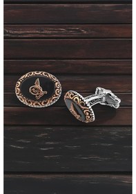 Resim Gümüş Siyah Onix Taşlı Osmanlı Tuğralı Kol Düğmesi -5713 Gümüş 