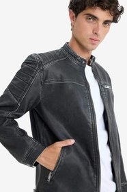 Resim DeFacto Slim Fit Dar Kesim Dik Yaka Fermuarlı Biker Suni Deri Mont 