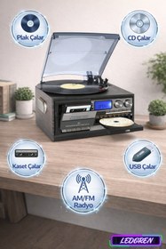 Resim L'eDoren KN-110 Vintage Plak CD Kaset USB Bluetooth TF AUX Özelikli Pikap 