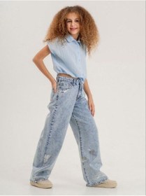 Resim Zekids Kız Çocuk Paçası Varak Detaylı Denim Pantolon-13916-mavi Mavi 