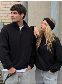 Resim Unisex Relaxed Fit Yarım Fermuarlı Dik Yaka Sweatshirt Siyah Siyah 