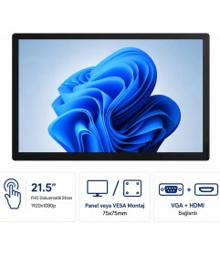 Resim Grandstarr TMP215M 21.5'' FHD Panel Tip Endüstriyel Dokunmatik Monitör - HDMI ve VGA Haberleşmeli 
