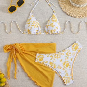 Resim Avrupa ve Amerikan Yüzme Kıyafeti Bikini Üç Noktalı Stil Üç Parçalı Beyaz Arka Plan Çiçekli Taze Moda Seksi Mayo 