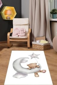 Resim Pelangi Ayda Sallanan Uyuyan Ayıcık Bulut Yıldız Yıkanabilir Kaymaz Taban Leke Tutmaz Çocuk Odası Halısık, Gri-Beyaz 60 x 120, 7642023601201 