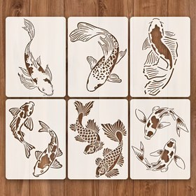 Resim 6 Adet Koi Balığı Şablonu, 21.08cm x 27.94cm, Ahşap, Zemin, Tuval ve Fayans için Yeniden Kullanılabilir PET Kalıp, Yıkanabilir, Aile İçin Mükemmel Hediye 