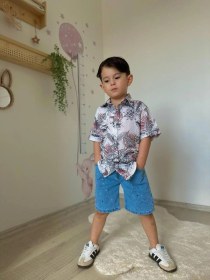 Resim Cg Kids Yaprak Desenli Keten Gömlek Jean Kot Şort Erkek Çocuk Alt Siyah - Beyaz - Gri - Kırmızı 