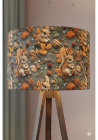 Resim Sonbahar Sincap Desenli Masif Çam Ayaklı Kumaş Tripod Lambader Çok Renkli 