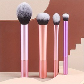 Resim 4 Parça Oval Makyaj Fırçası Seti - Çok Amaçlı Kit İçeriği: Allık, Pudra, Kontür, Göz Farı Fırçaları, Naylon Kıllar, Tüm Cilt Tipleri İçin, Kokusuz ABS Plastik Saplar 