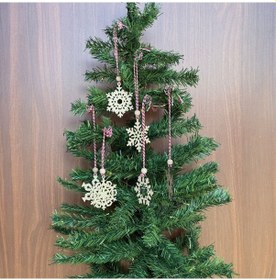 Resim River World Yılbaşı Ağaç Süsü Kırmızı Beyaz İpli Kar Tanesi Model Ahşap 6 Parça Pilli Peri Ledli 